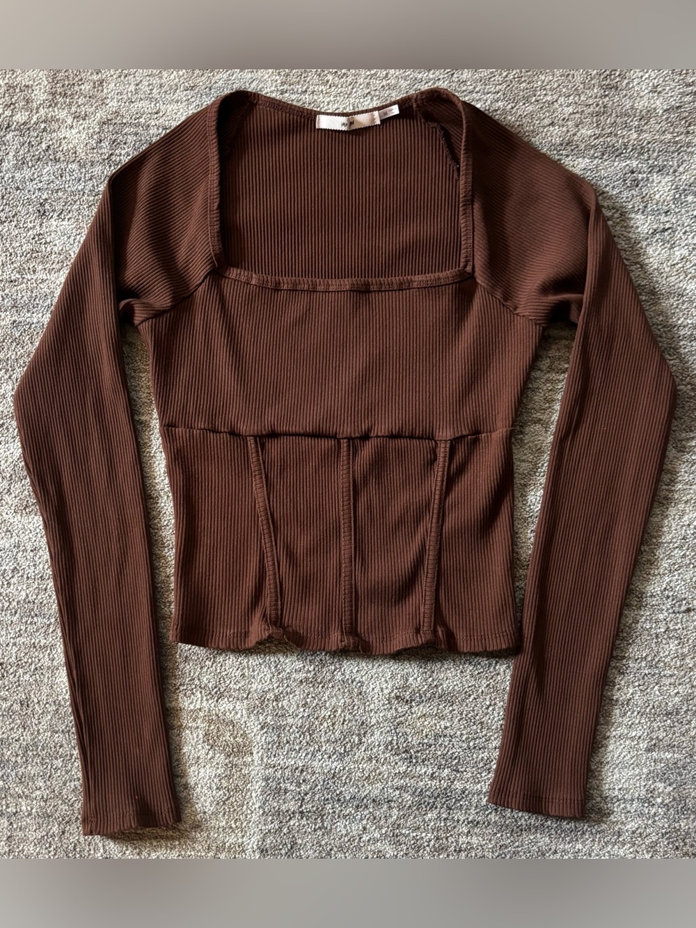 miami Ribbed Long-Sleeve Square Neck Crop Top in Brown